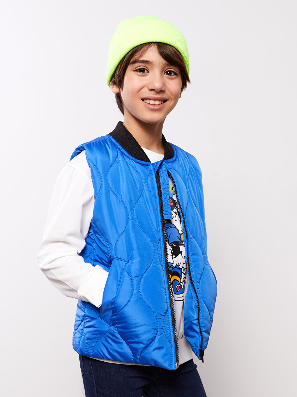 Mavi Kolej Yaka Kendinden Desenli Erkek Çocuk Yelek