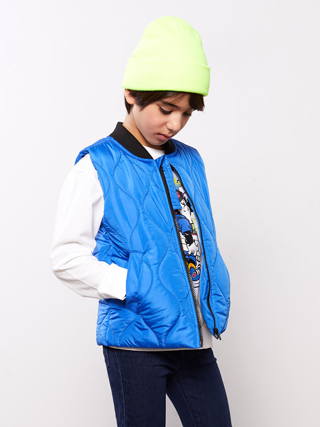 Mavi Kolej Yaka Kendinden Desenli Erkek Çocuk Yelek-1