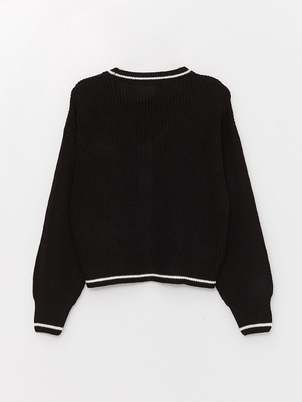 Siyah V Yaka Nakışlı Uzun Kollu Kız Çocuk Triko Hırka-1