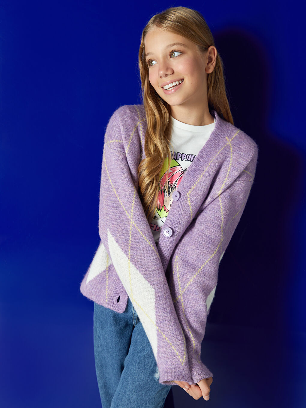 Қыздарға арналған өрнекті ұзын жең v жағалы трикотаж кардиган