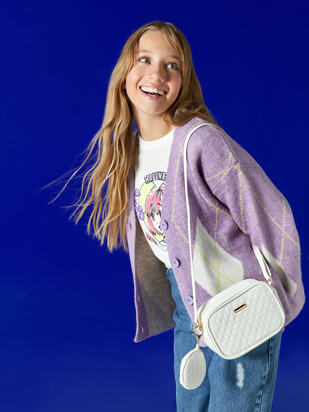 Қыздарға арналған өрнекті ұзын жең v жағалы трикотаж кардиган-1