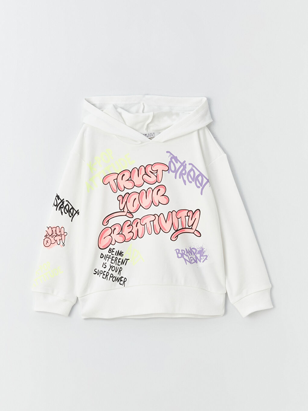 Ekru Baskılı Uzun Kollu Kız Çocuk Hoodie