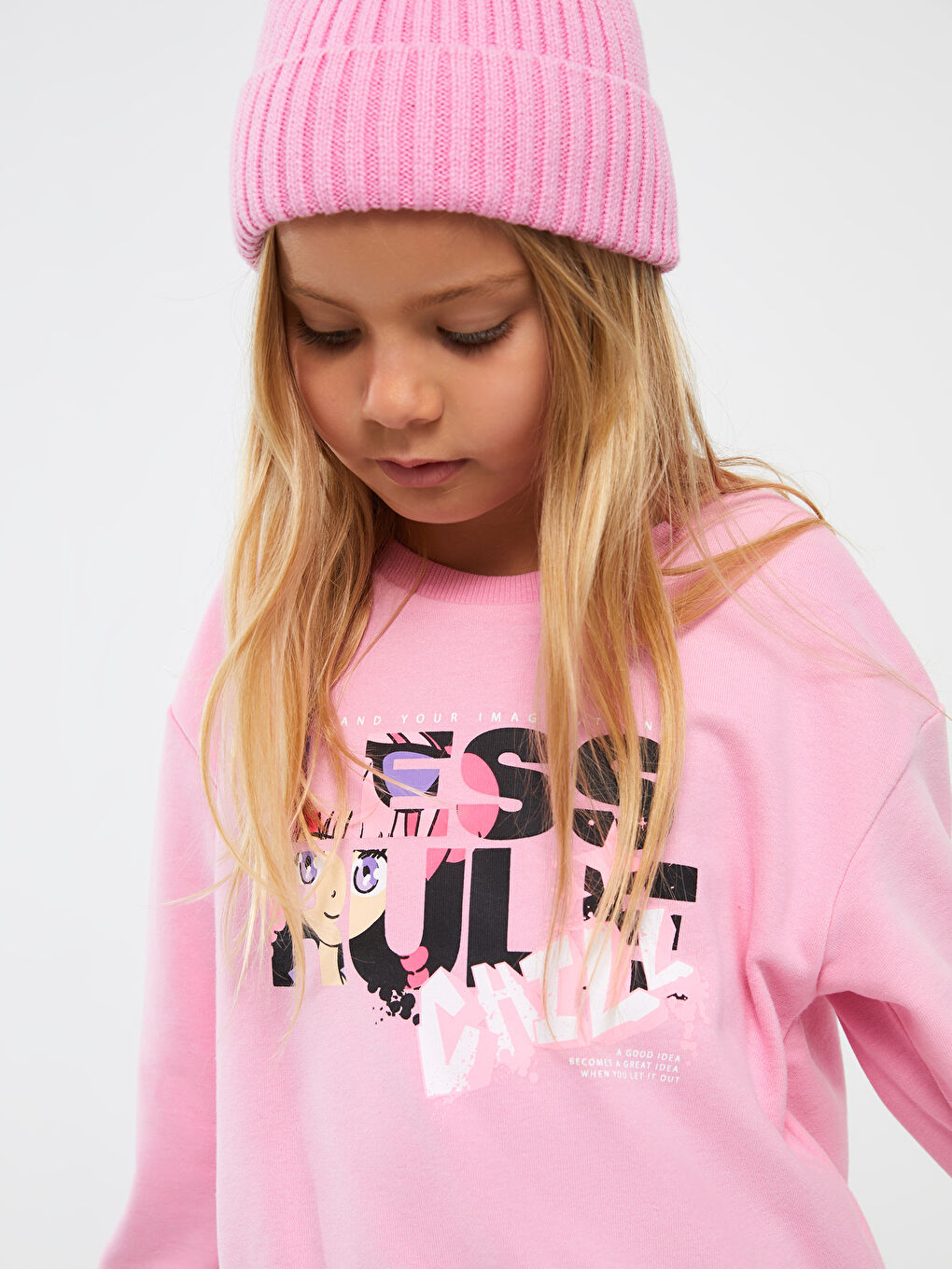 LCW Kids Pembe Bisiklet Yaka Baskılı Uzun Kollu Kız Çocuk Sweatshirt