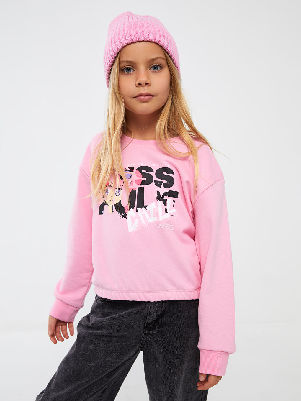 LCW Kids Pembe Bisiklet Yaka Baskılı Uzun Kollu Kız Çocuk Sweatshirt - 1