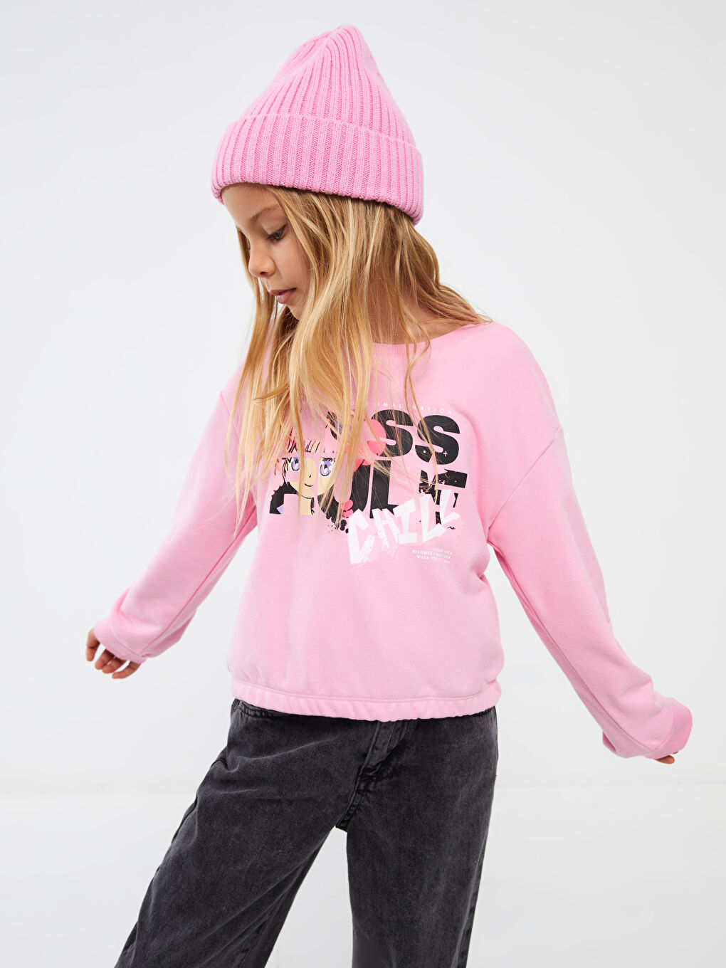 LCW Kids Pembe Bisiklet Yaka Baskılı Uzun Kollu Kız Çocuk Sweatshirt - 2