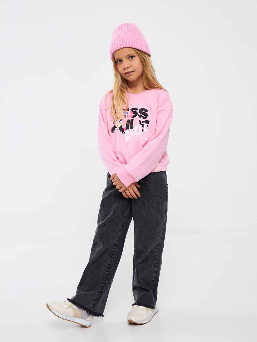 LCW Kids Pembe Bisiklet Yaka Baskılı Uzun Kollu Kız Çocuk Sweatshirt - 3