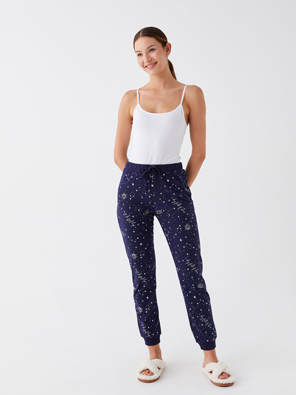 Lacivert Beli Lastikli Desenli Kadın Pijama Altı-1