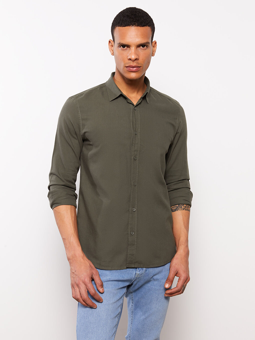 Haki Slim Fit Uzun Kollu Gabardin Erkek Gömlek