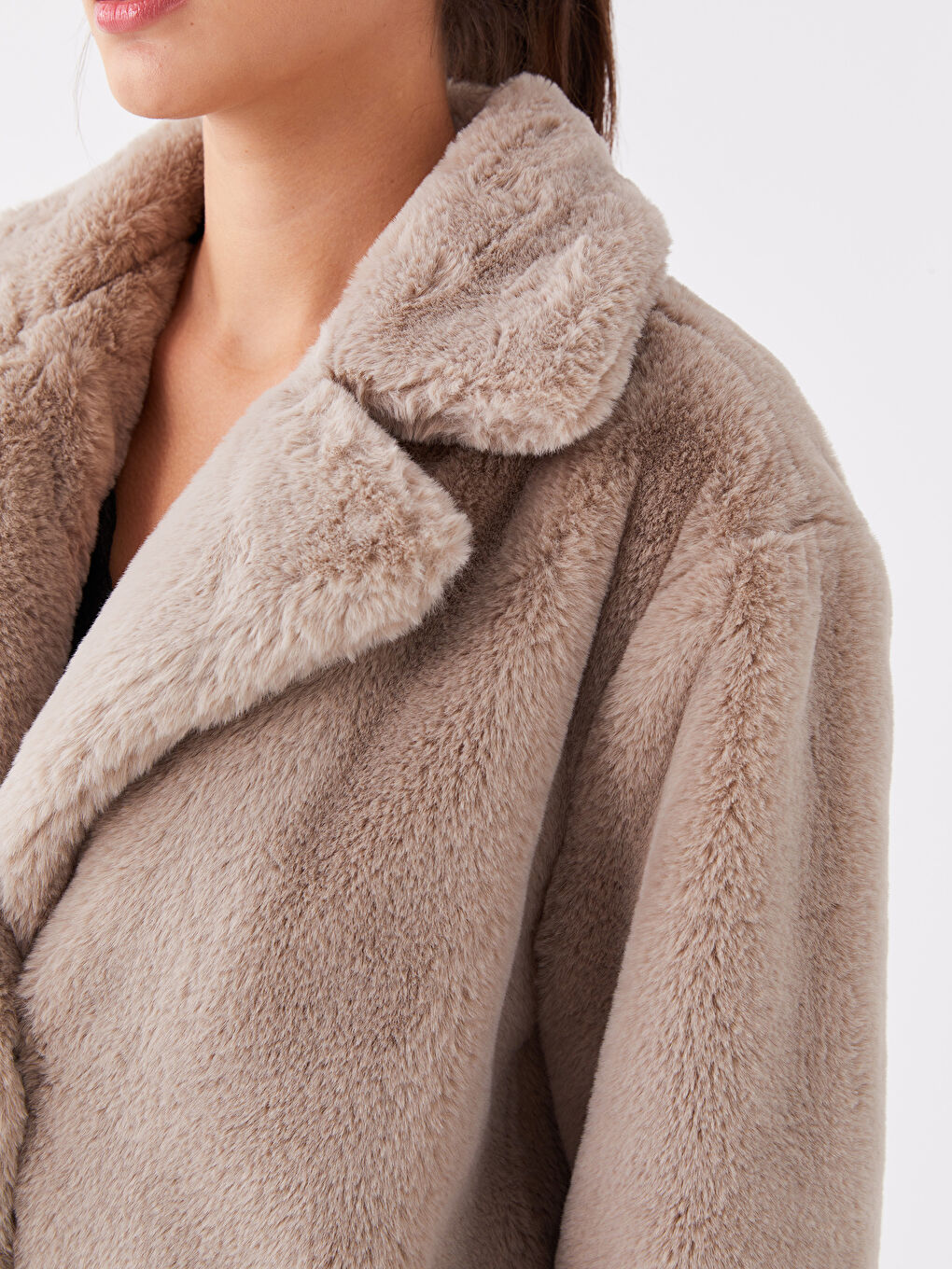 Bej Kadın Ceket Yaka Düz Pelüş Kaban-2