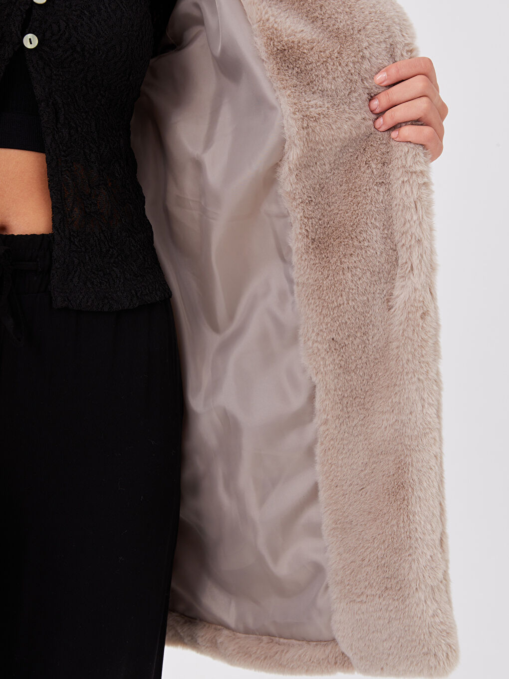 Bej Kadın Ceket Yaka Düz Pelüş Kaban-3