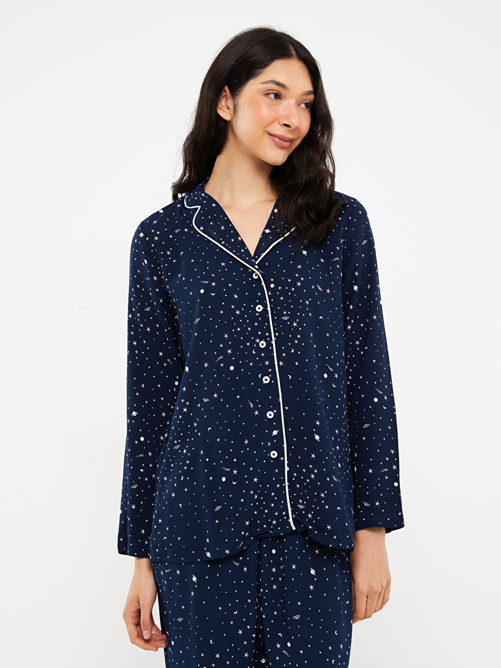 Shirt Collar Patterned Women's Pyjama Set-2