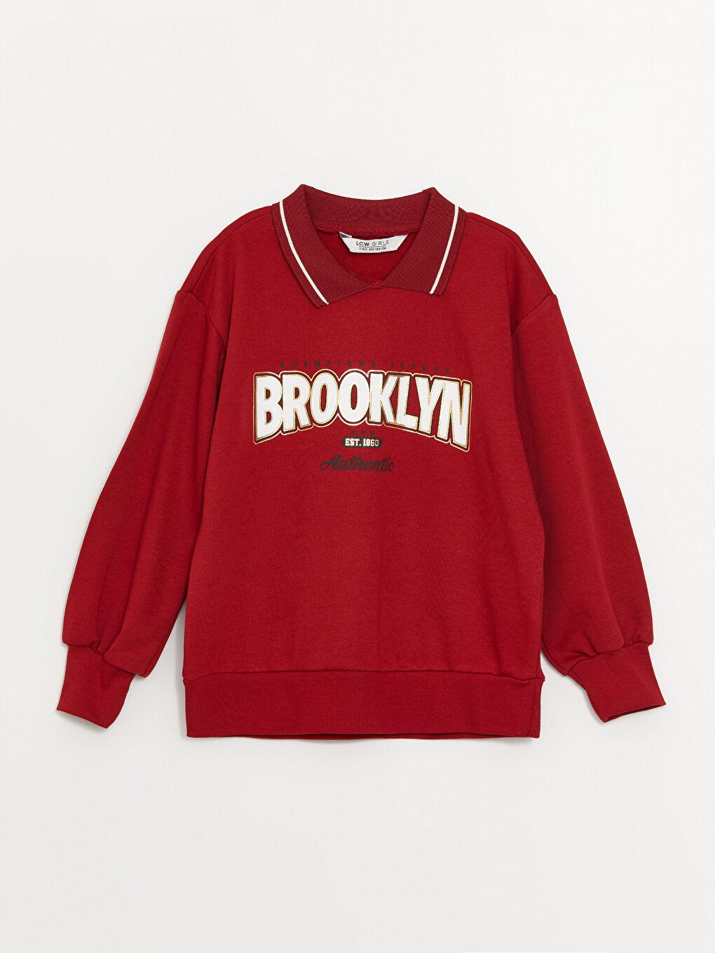 LCW Kids Koyu Kırmızı Polo Yaka Baskılı Uzun Kollu Kız Çocuk Sweatshirt