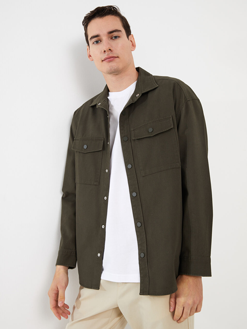 Relaxed Fit Long Sleeve Twill Men's Shirt Jacket