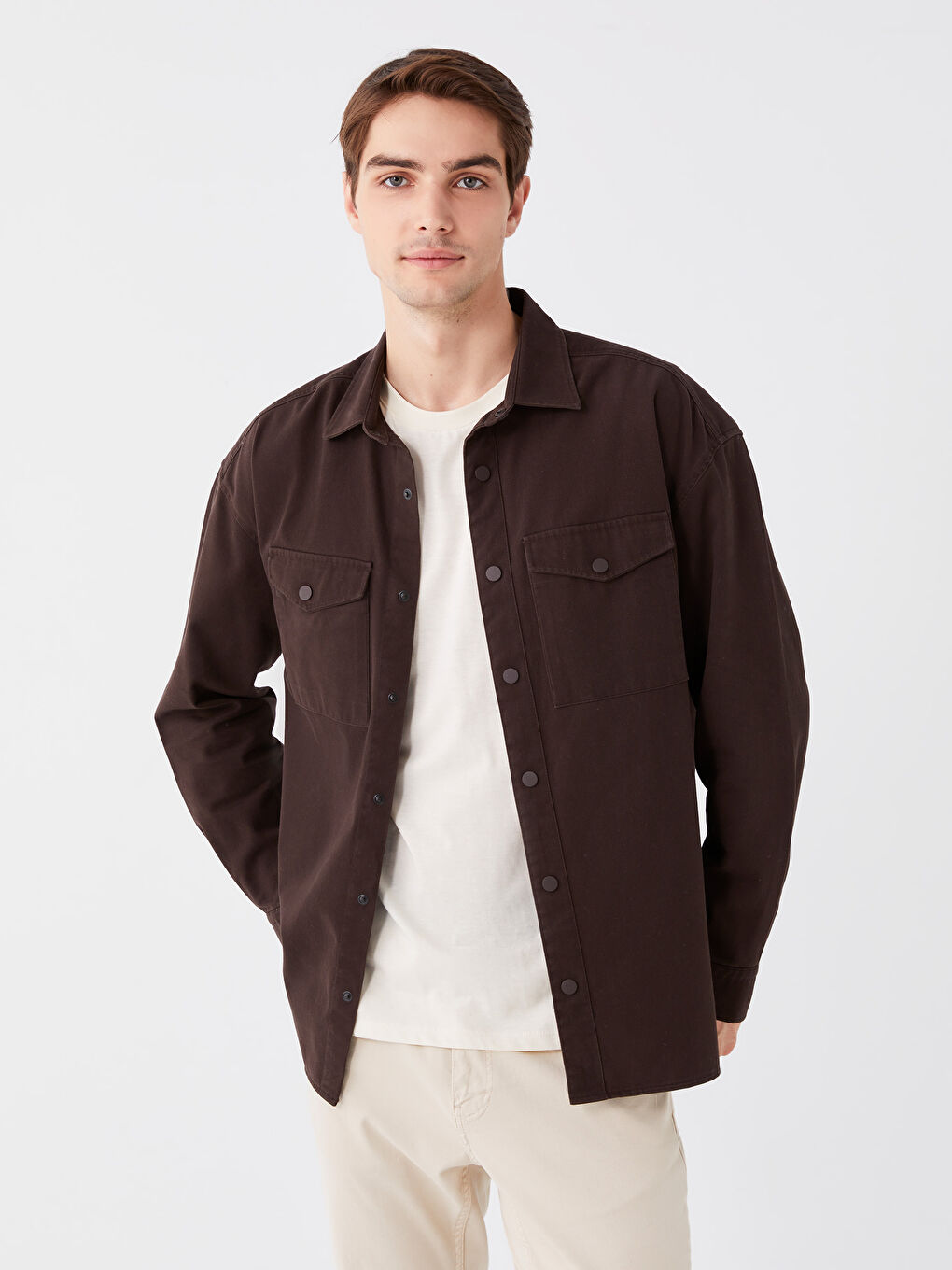 Relaxed Fit Long Sleeve Twill Men's Shirt Jacket