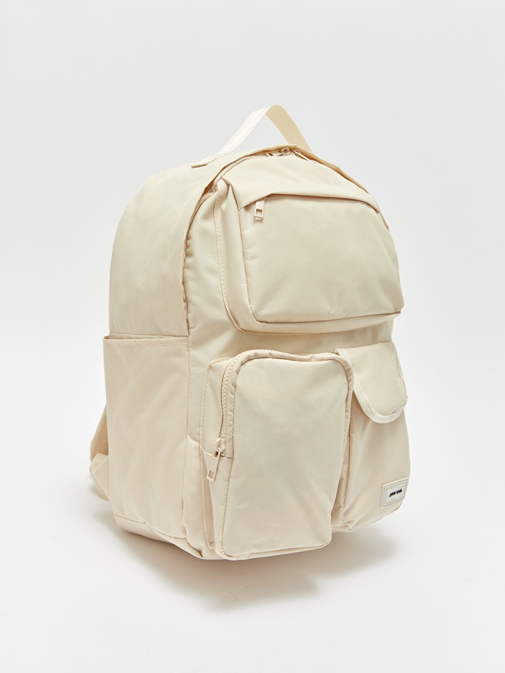 Bej Etiket Baskılı Laptop Bölmeli Kadın Sırt Çantası-1