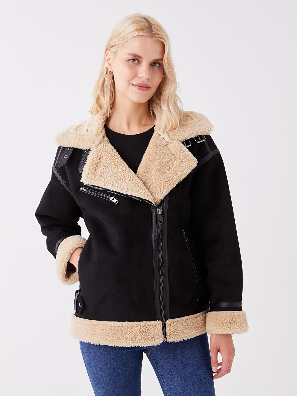 LCW Vision Biker Neck Women's Faux Suede Coat -W32434Z8-CVL