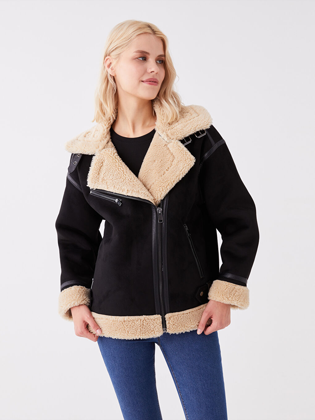 LCW Vision Biker Neck Women's Faux Suede Coat -W32434Z8-CVL