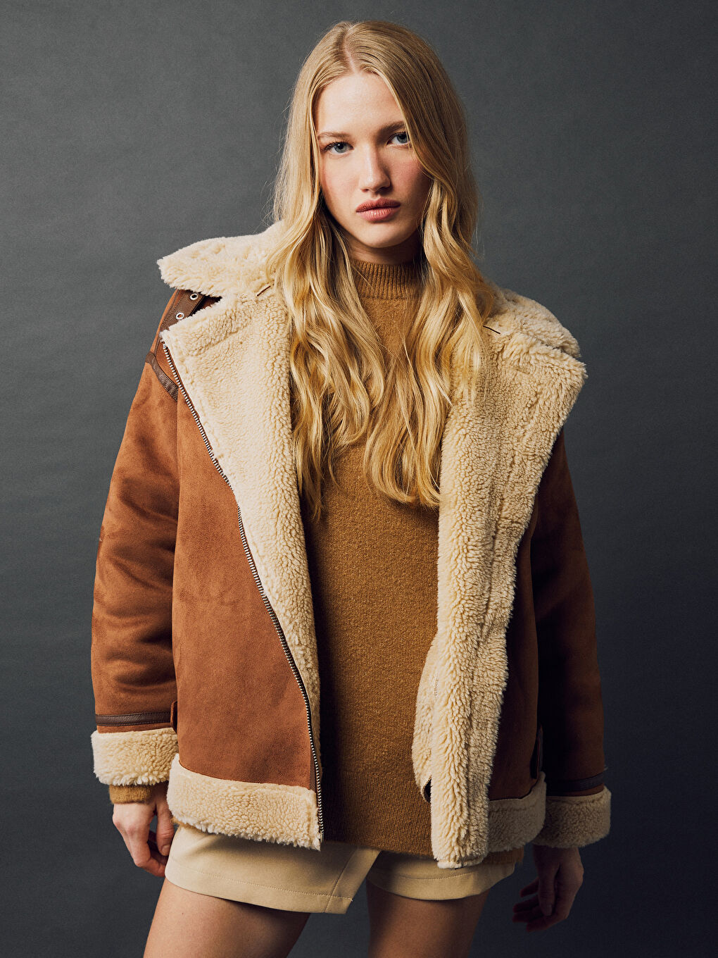 Kahverengi Biker Yaka Kadın Süet Görünümlü Mont