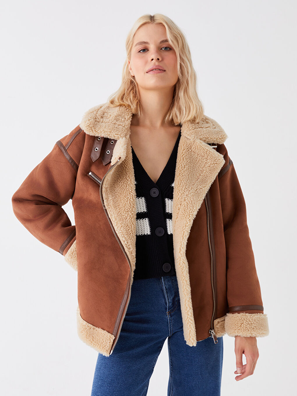 Kahverengi Biker Yaka Kadın Süet Görünümlü Mont-1