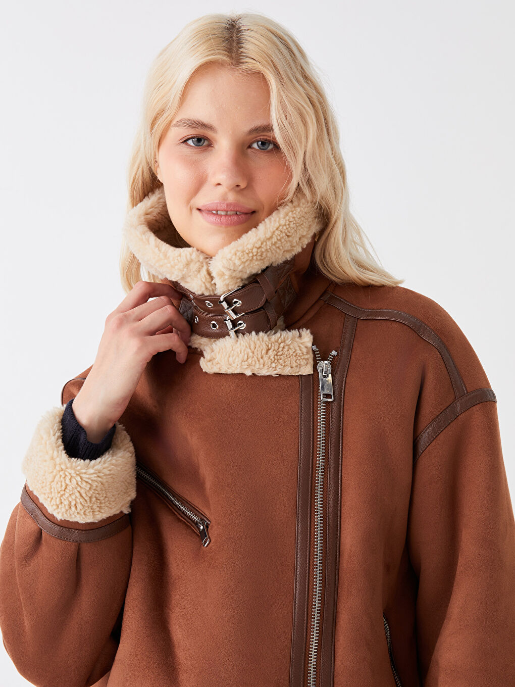 Kahverengi Biker Yaka Kadın Süet Görünümlü Mont-2