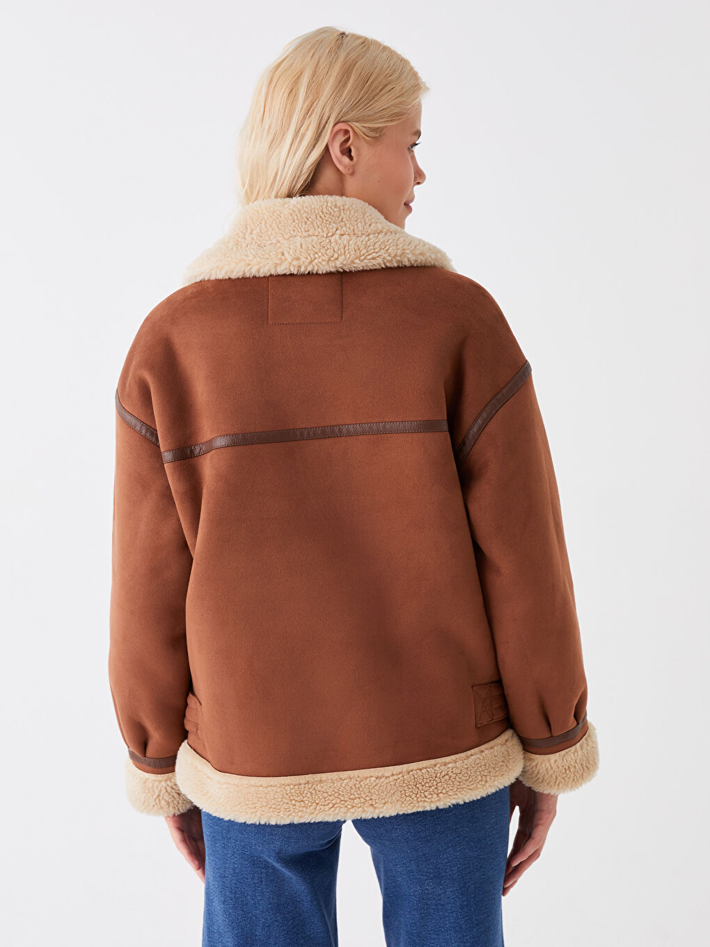 Kahverengi Biker Yaka Kadın Süet Görünümlü Mont-6