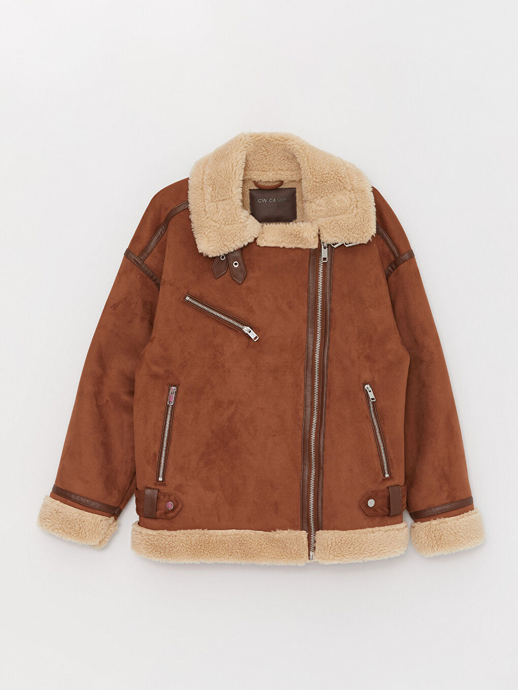 Kahverengi Biker Yaka Kadın Süet Görünümlü Mont-7