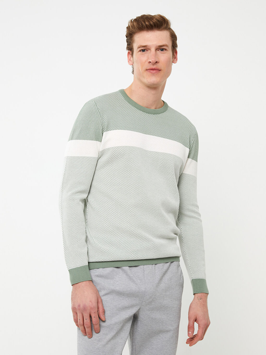 Yeşil Bisiklet Yaka Uzun Kollu Renk Bloklu Erkek Triko Kazak