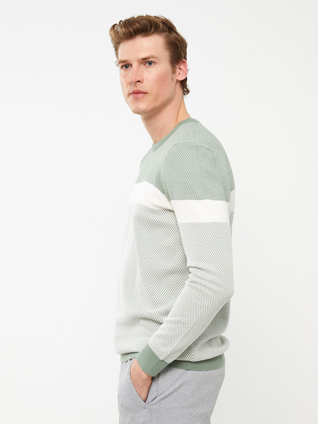 Yeşil Bisiklet Yaka Uzun Kollu Renk Bloklu Erkek Triko Kazak-1