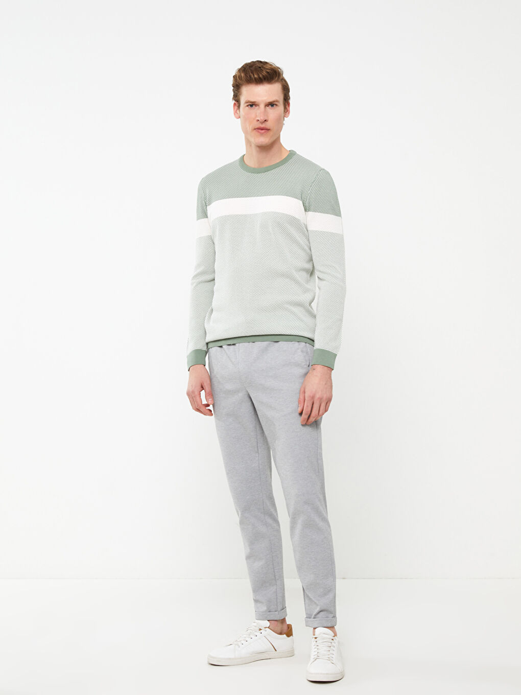 Yeşil Bisiklet Yaka Uzun Kollu Renk Bloklu Erkek Triko Kazak-2