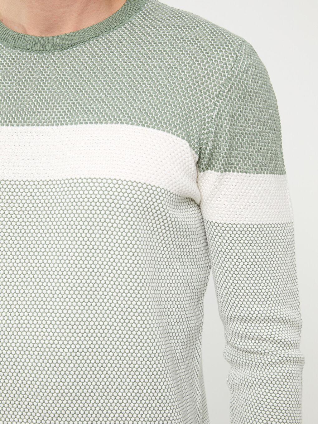 Yeşil Bisiklet Yaka Uzun Kollu Renk Bloklu Erkek Triko Kazak-3