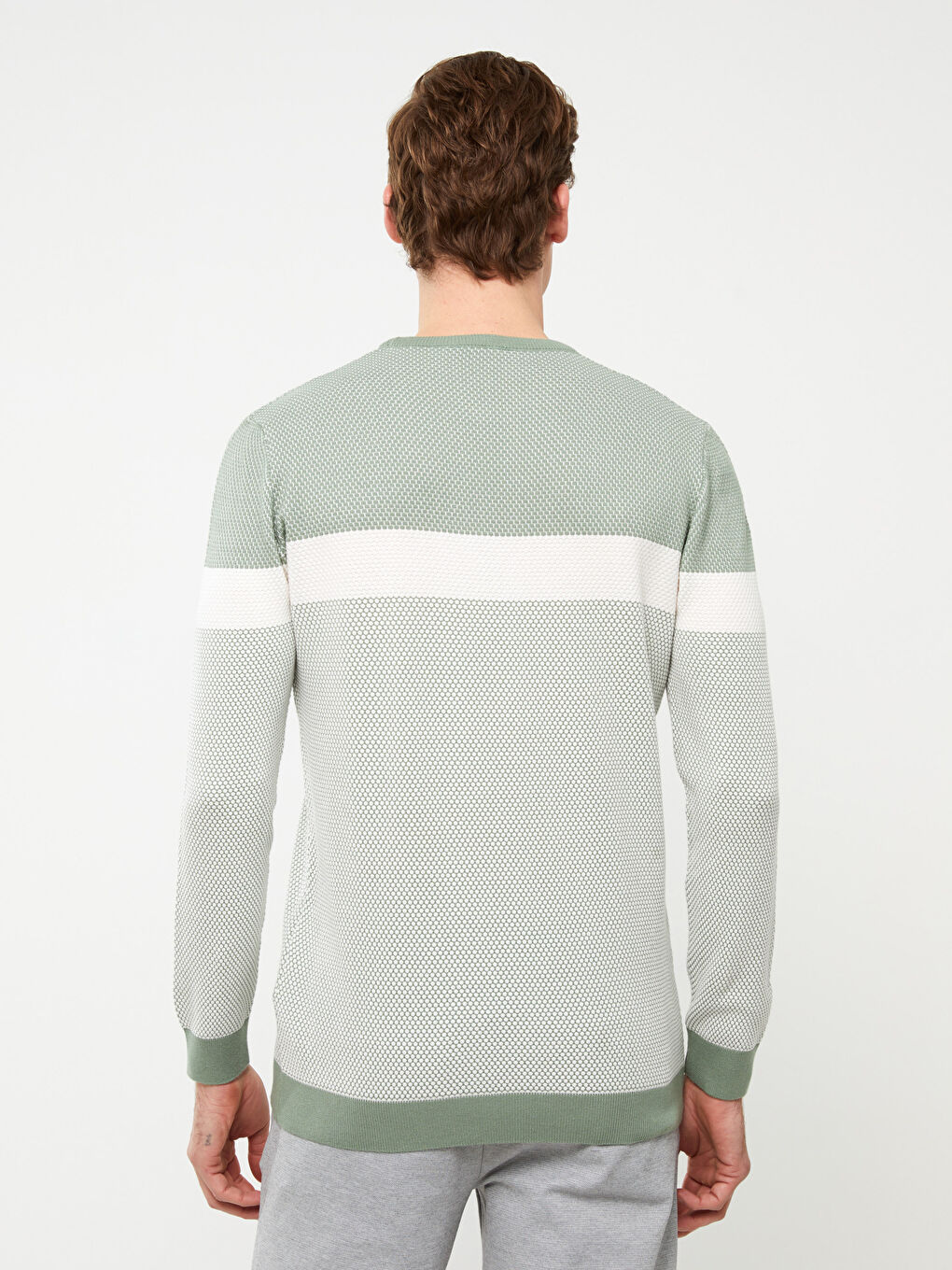 Yeşil Bisiklet Yaka Uzun Kollu Renk Bloklu Erkek Triko Kazak-4