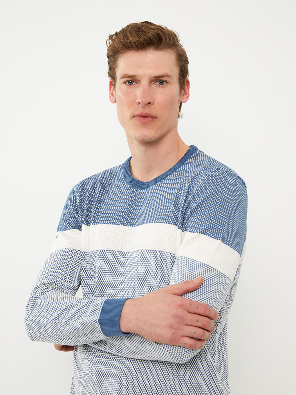 Mavi Bisiklet Yaka Uzun Kollu Renk Bloklu Erkek Triko Kazak