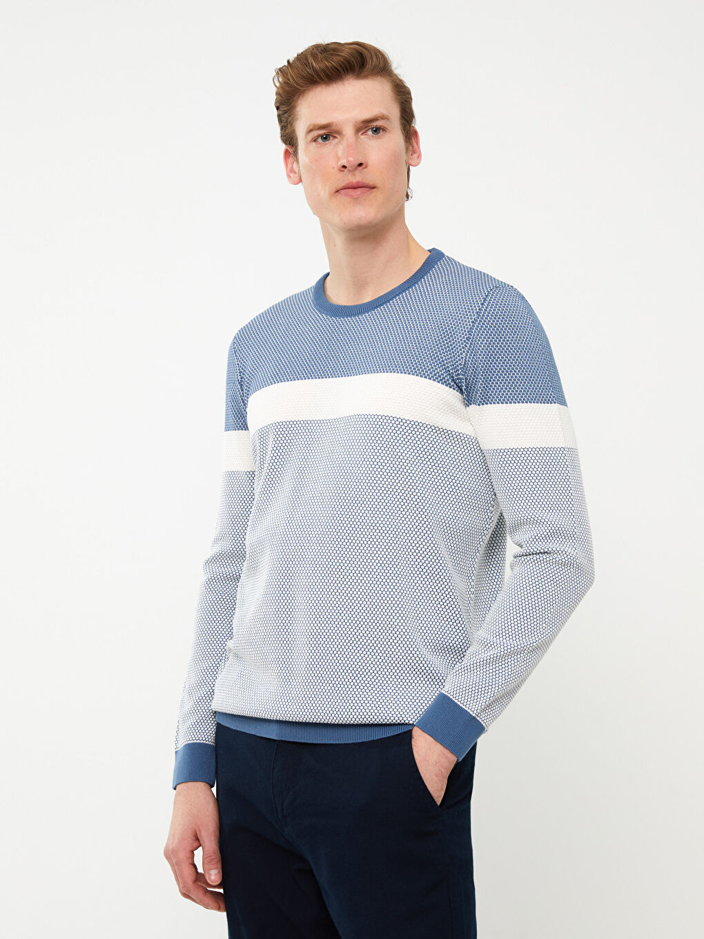 Mavi Bisiklet Yaka Uzun Kollu Renk Bloklu Erkek Triko Kazak-1