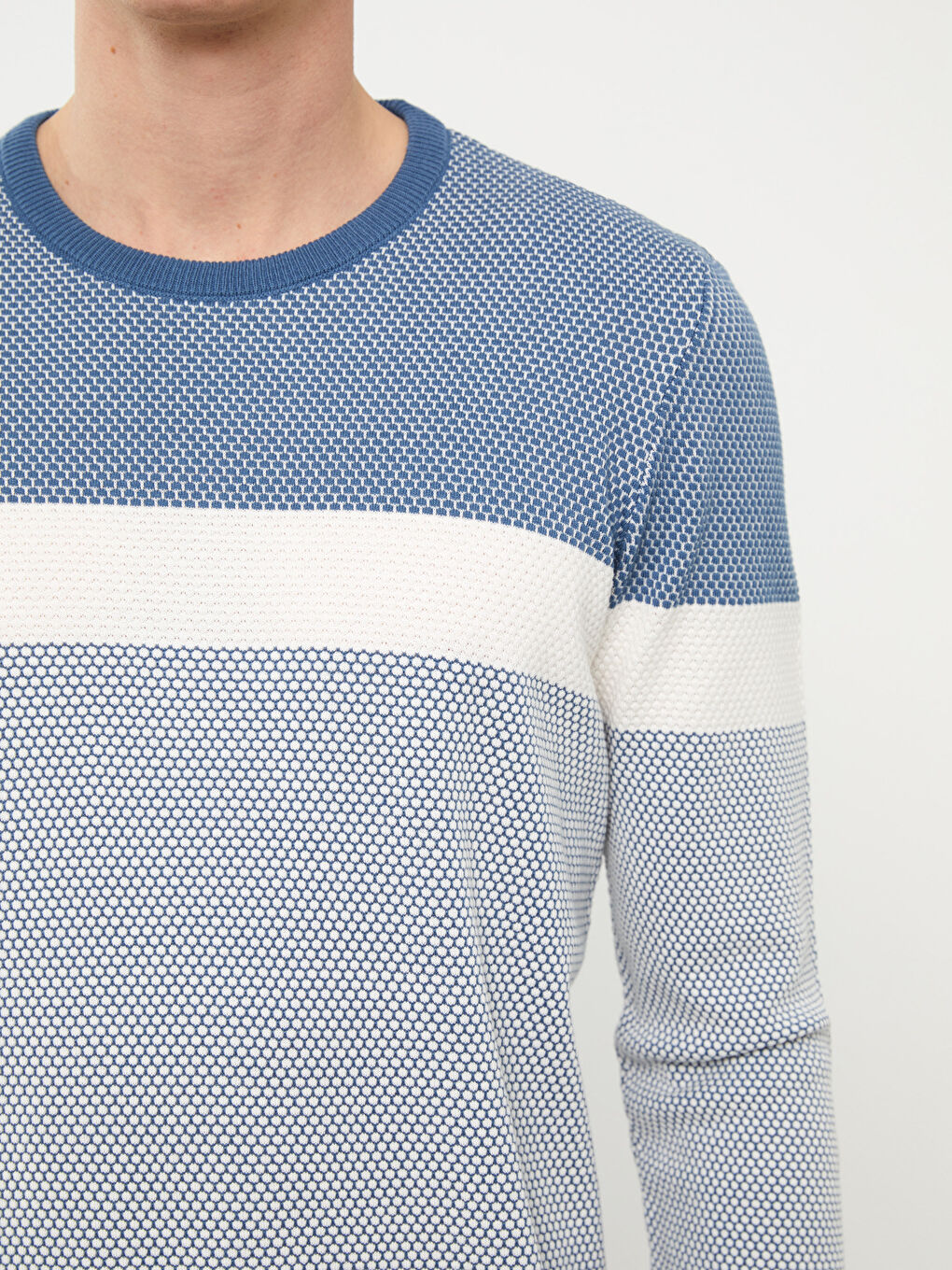 Mavi Bisiklet Yaka Uzun Kollu Renk Bloklu Erkek Triko Kazak-3