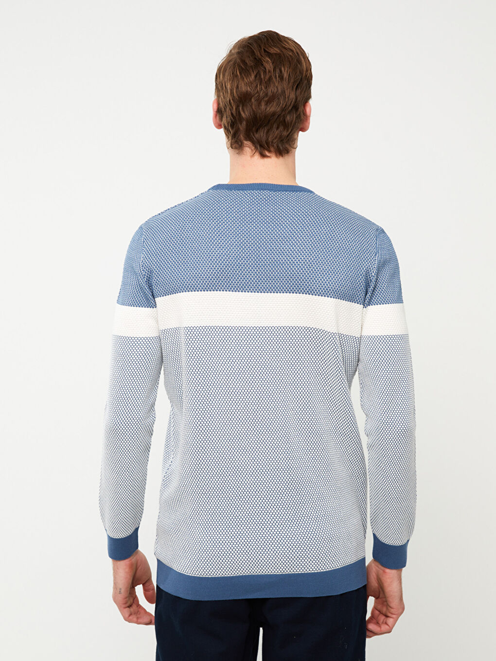 Mavi Bisiklet Yaka Uzun Kollu Renk Bloklu Erkek Triko Kazak-4