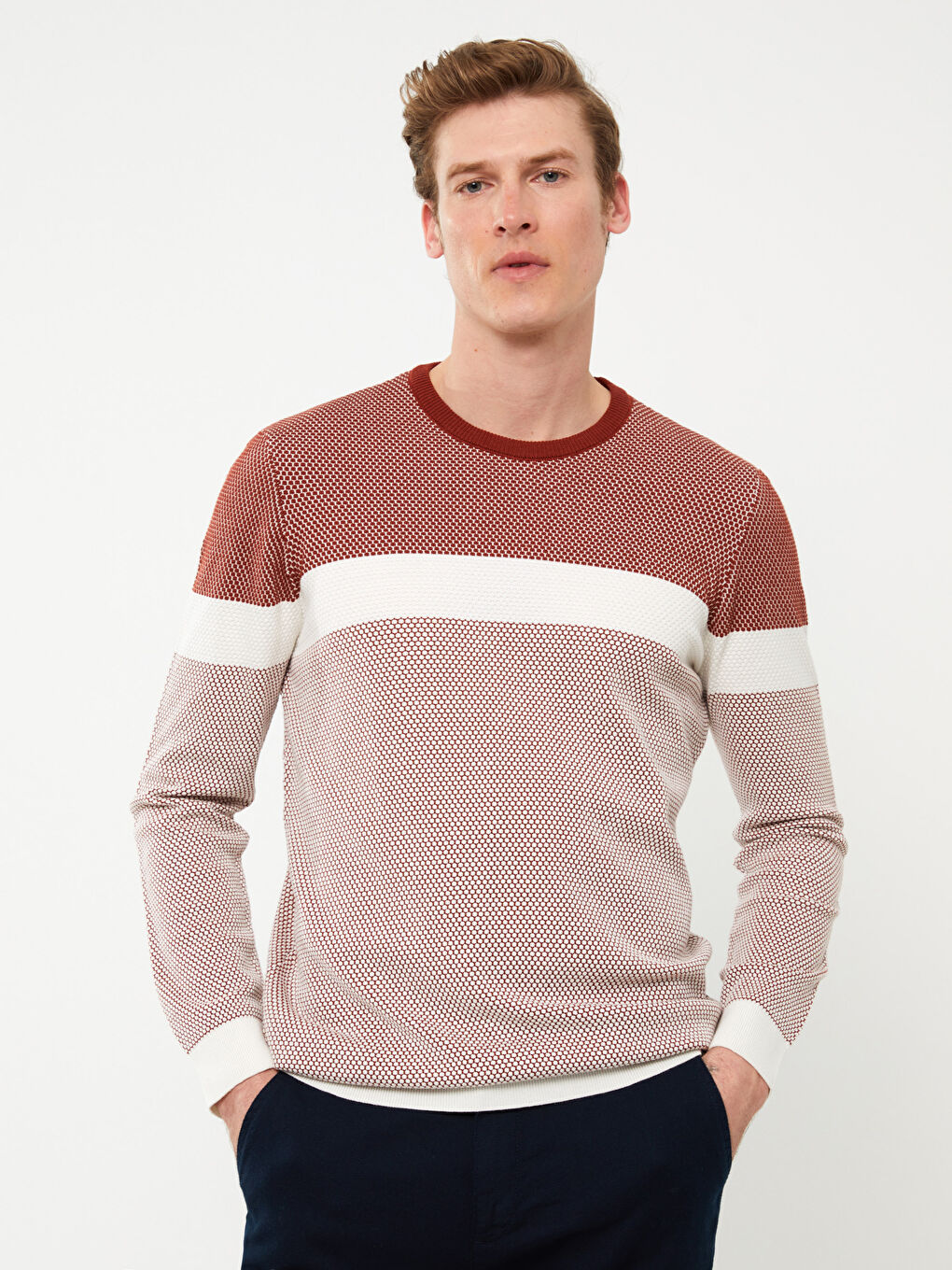 Turuncu Bisiklet Yaka Uzun Kollu Renk Bloklu Erkek Triko Kazak