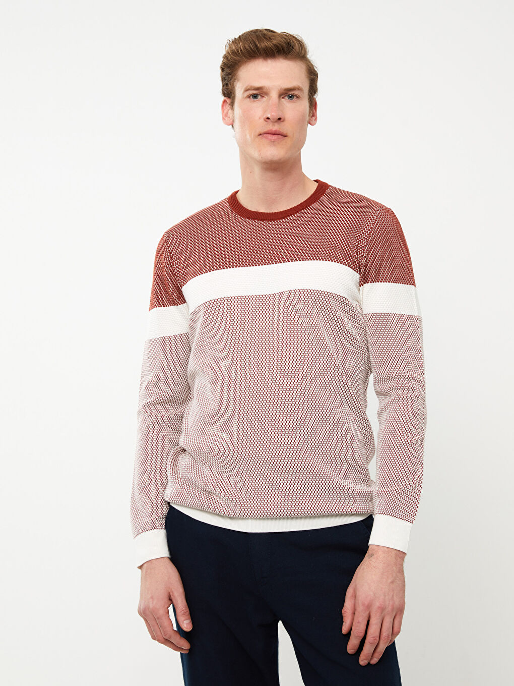 Turuncu Bisiklet Yaka Uzun Kollu Renk Bloklu Erkek Triko Kazak-1