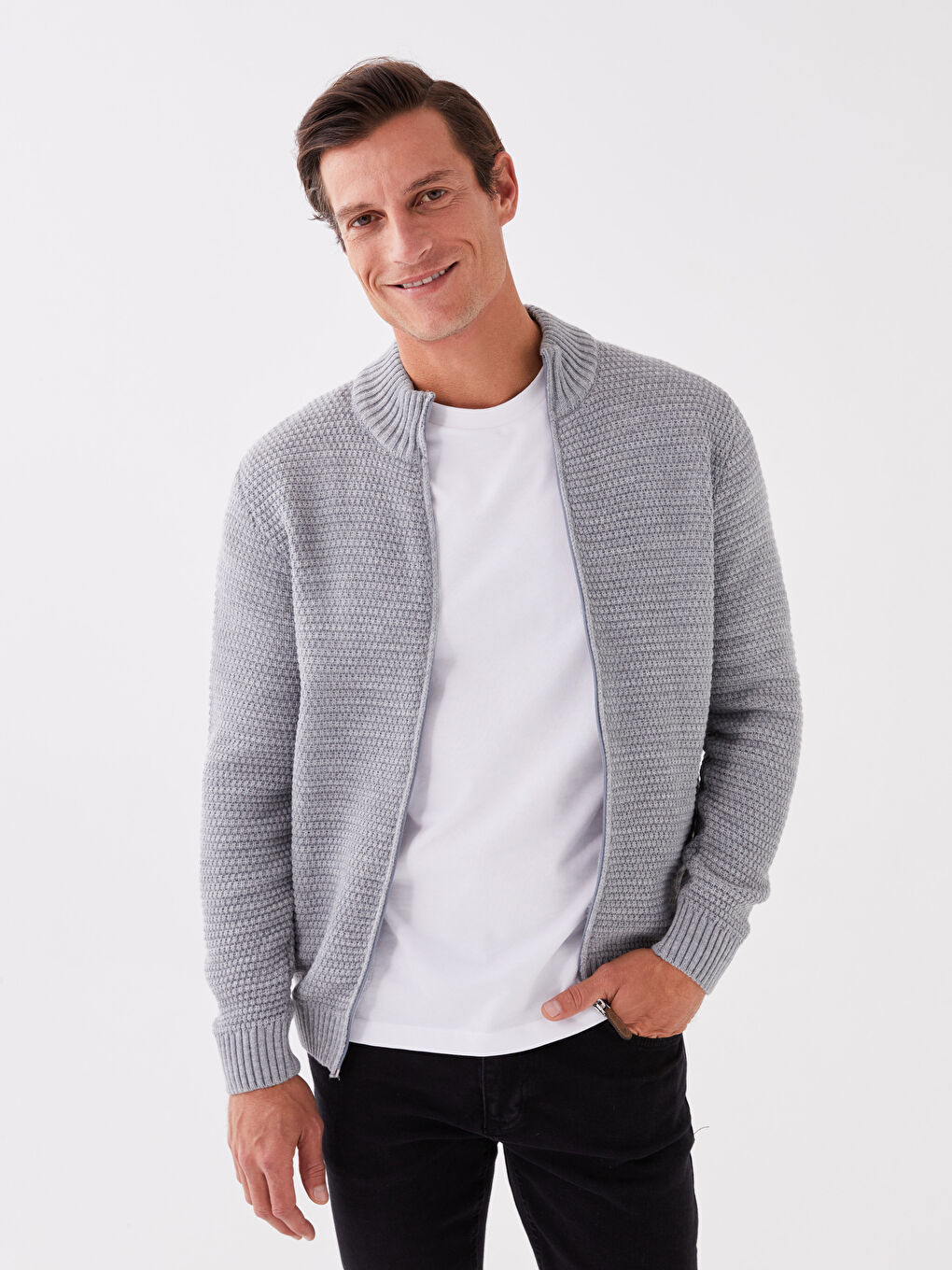 Standard Fit Turtle Neck Long Sleeve Men's Tricot Cardigan-1