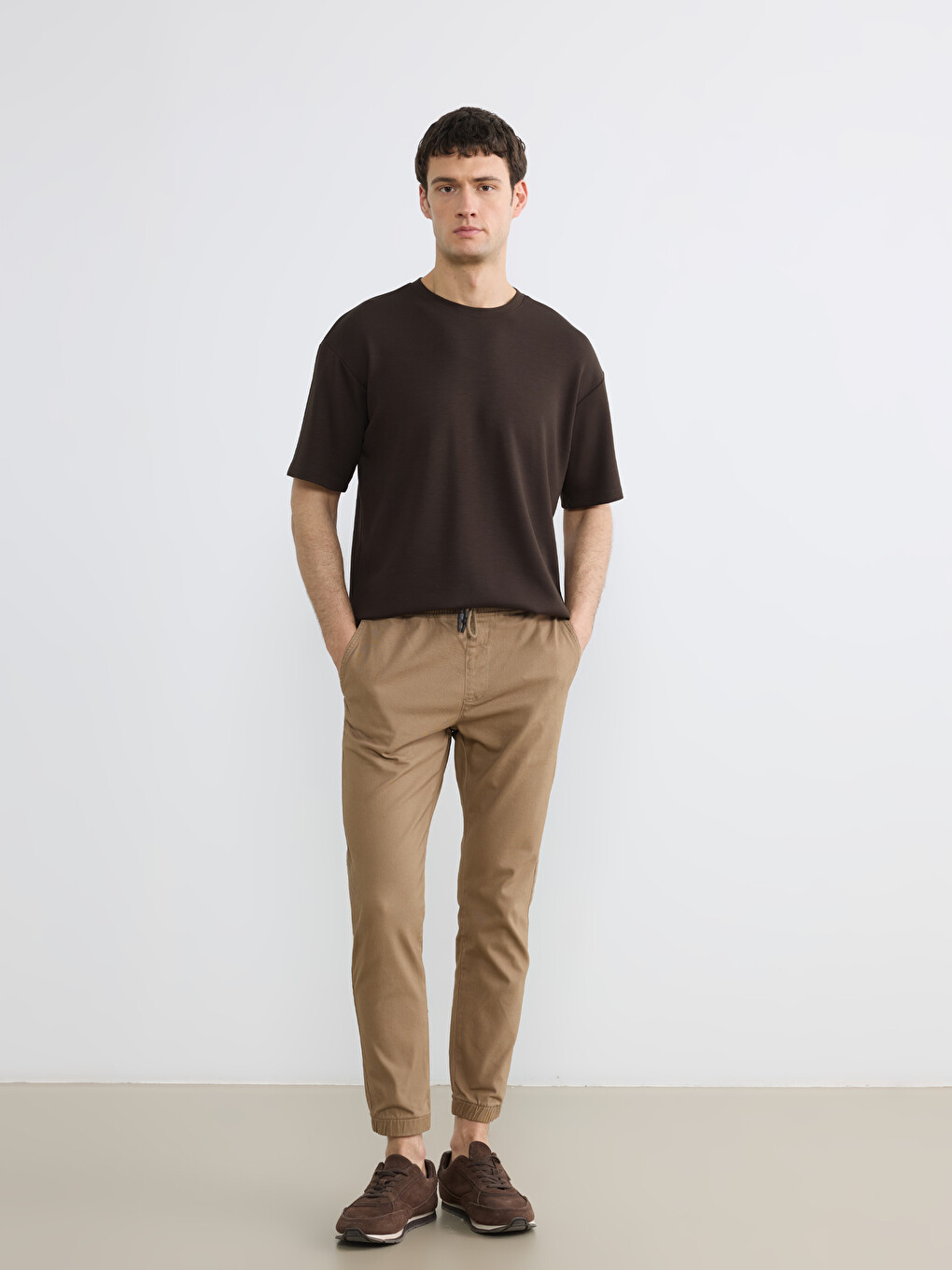 Kahverengi Slim Fit Gabardin Erkek Jogger Pantolon