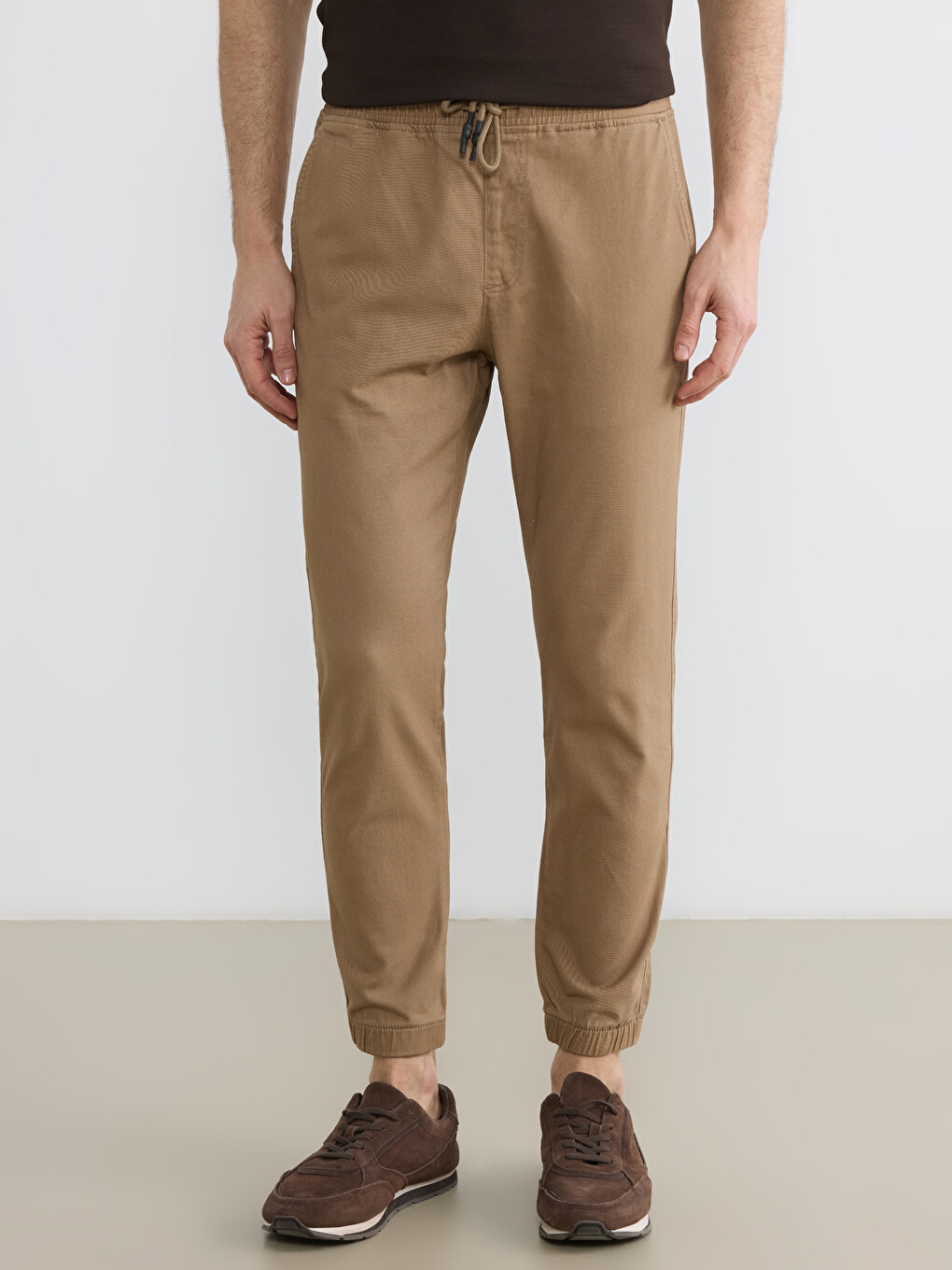 Kahverengi Slim Fit Gabardin Erkek Jogger Pantolon-1
