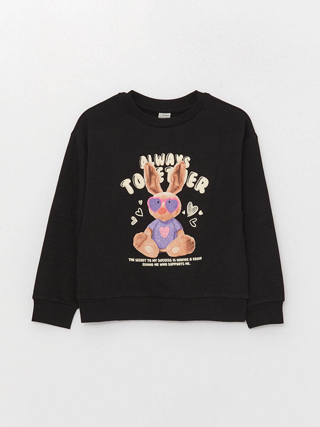 LCW Kids Yeni Siyah Bisiklet Yaka Baskılı Uzun Kollu Kız Çocuk Sweatshirt