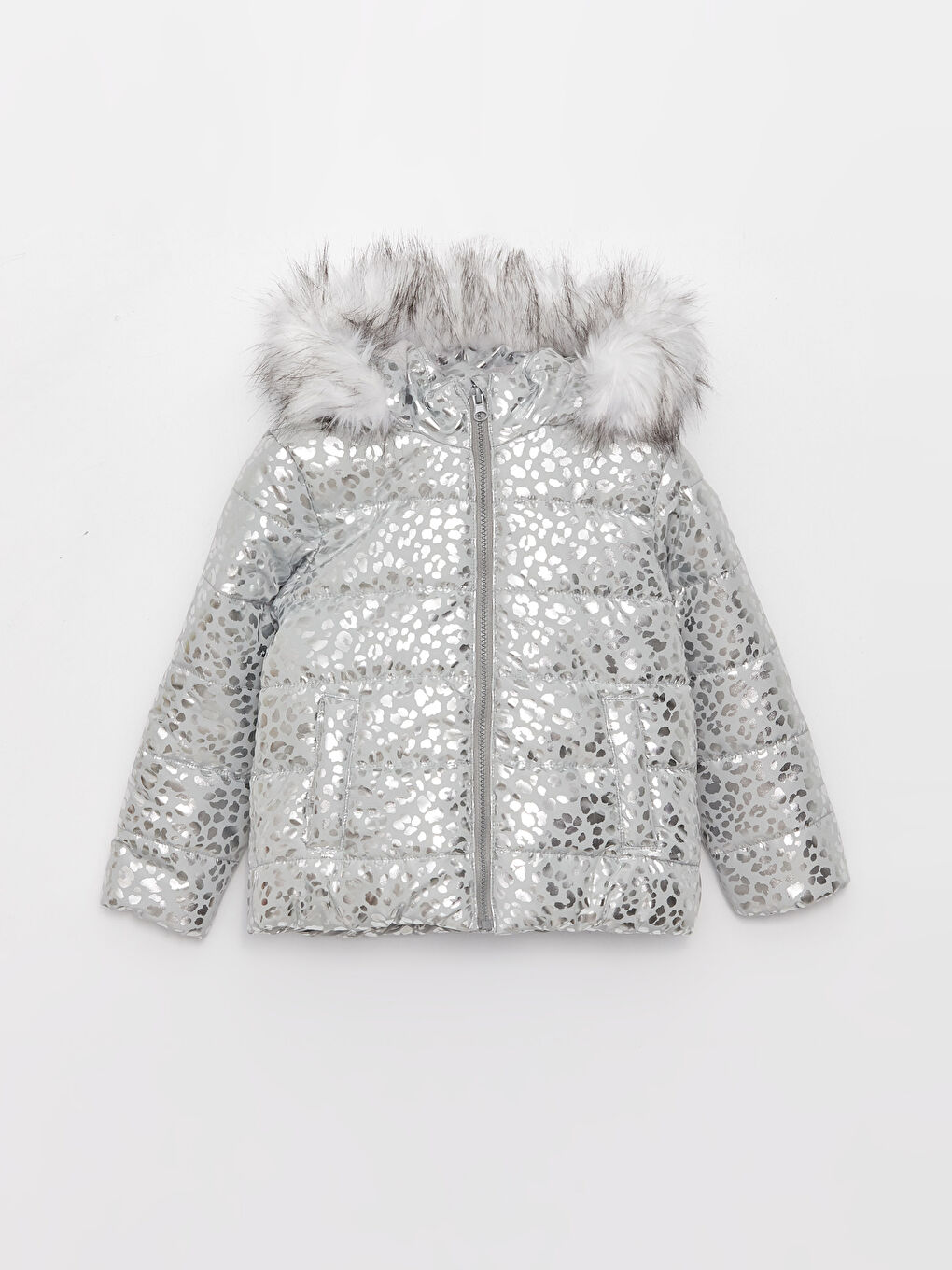 Gri Kapüşonlu Baskılı Kız Çocuk Şişme Mont