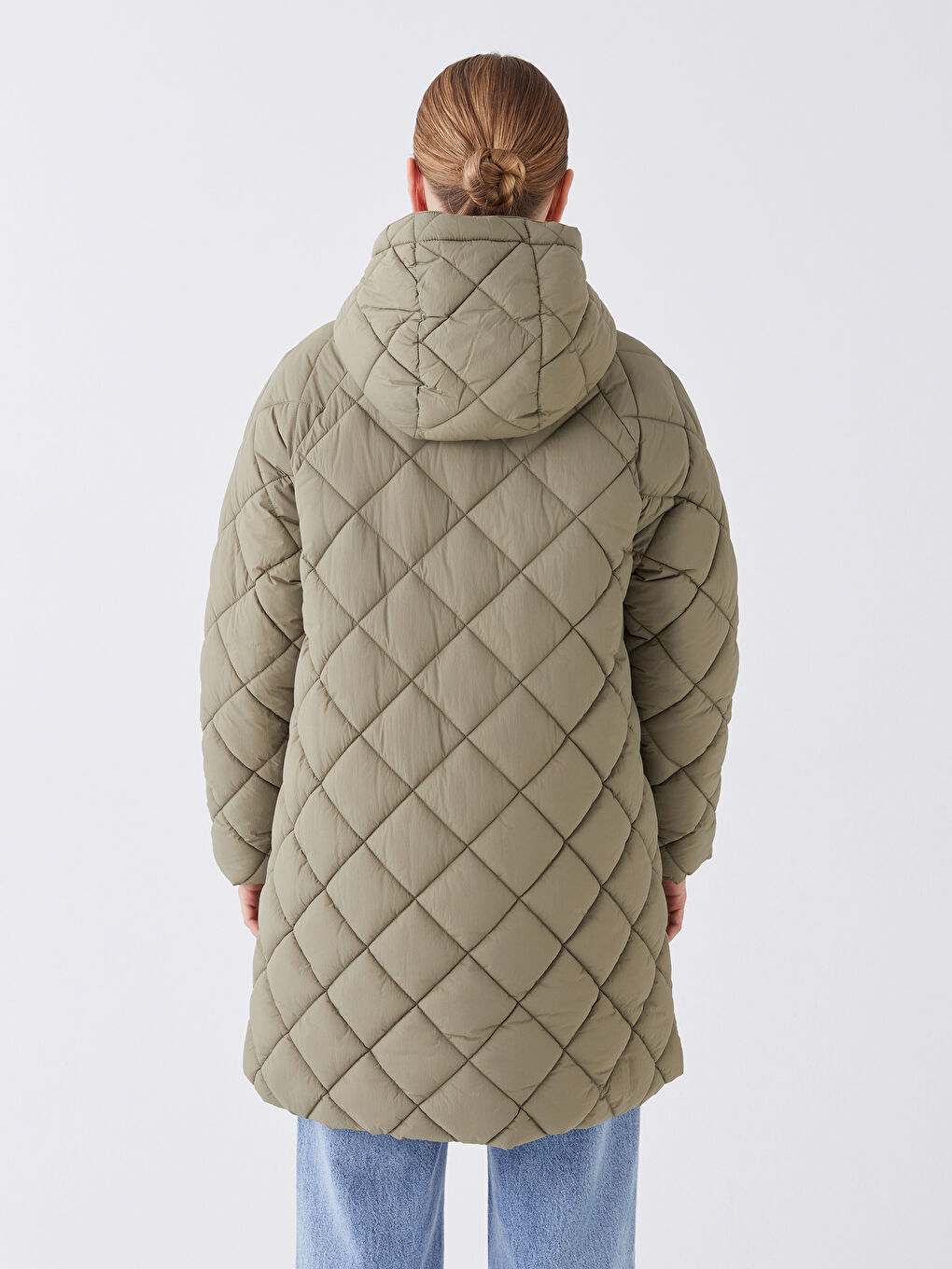 Haki Kapüşonlu Kapitone Oversize Kadın Şişme Mont-5