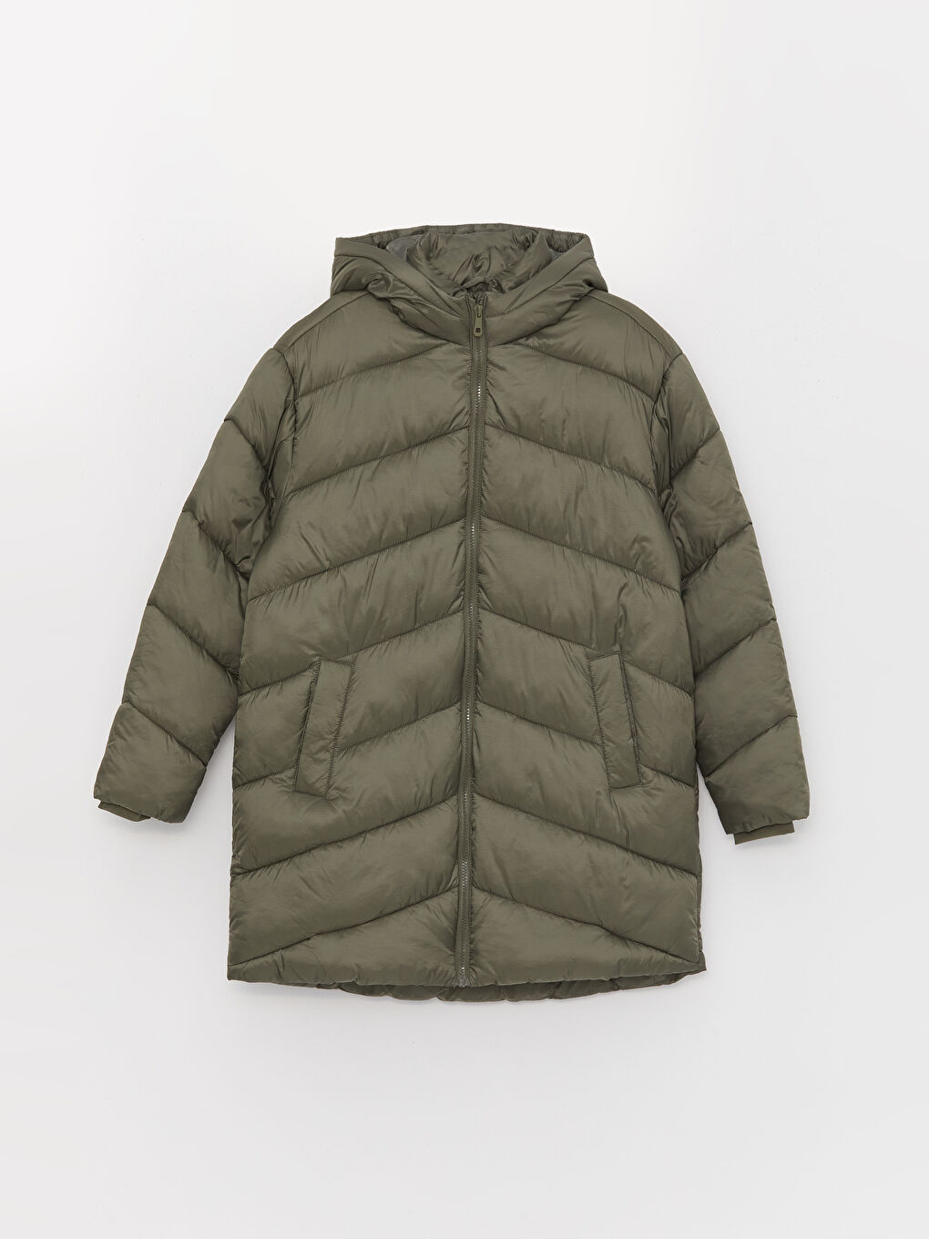 LCW Modest Gri Kapüşonlu Düz Uzun Kollu Oversize Kadın Şişme Mont - 7