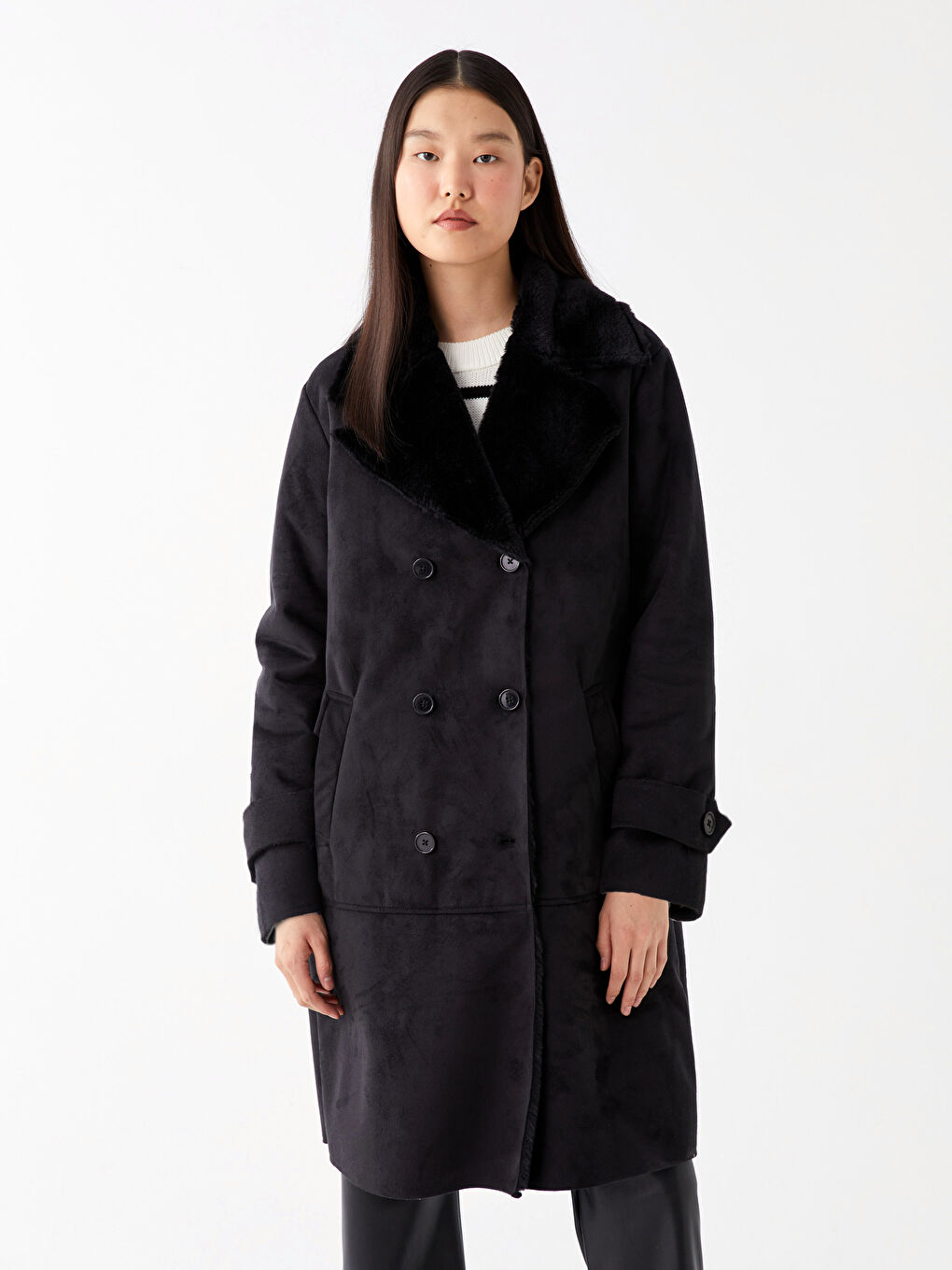 Siyah Ceket Yaka Düz Uzun Kollu Kadın Süet Kaban