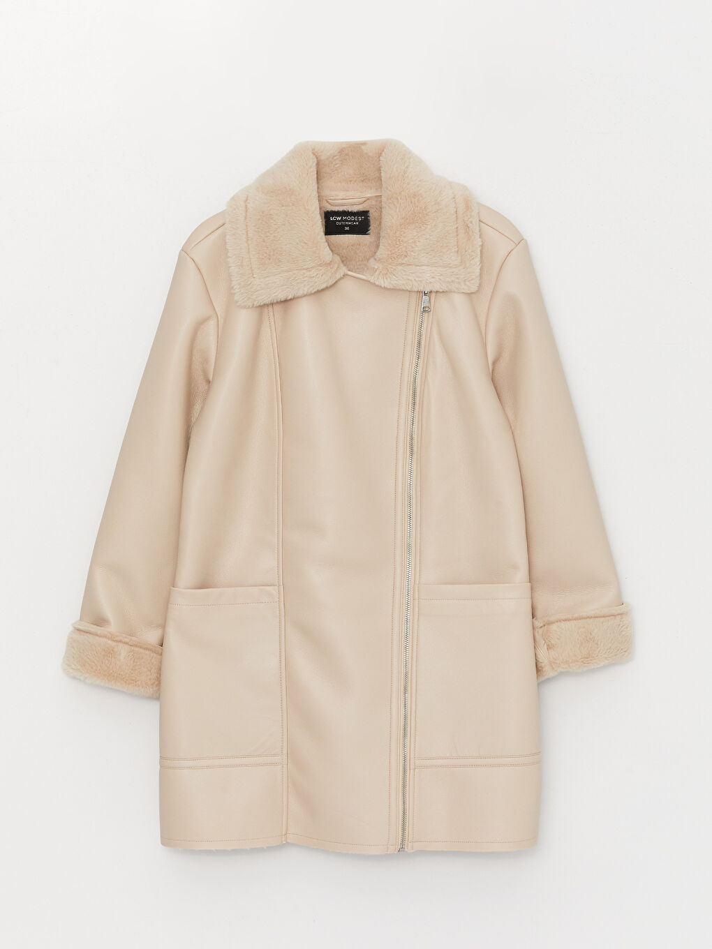 جاكيت جلد صناعي سادة بياقة بايكر للسيدات-8