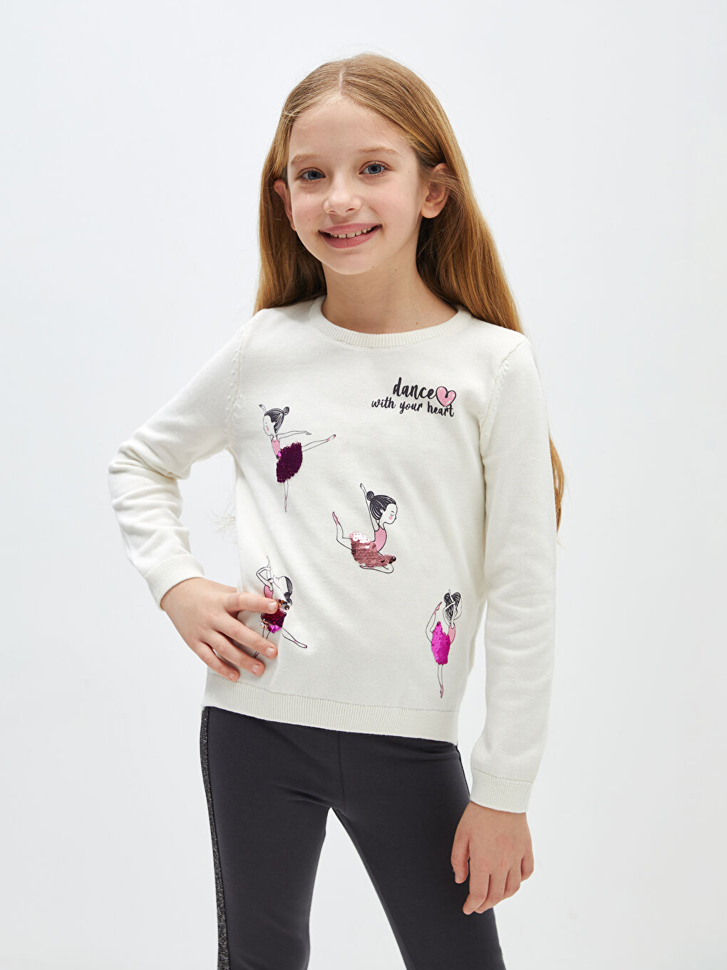 LCW Kids سترة تريكو مطبوع ياقة دائرية كم طويل بنات -W32660Z4-V9H