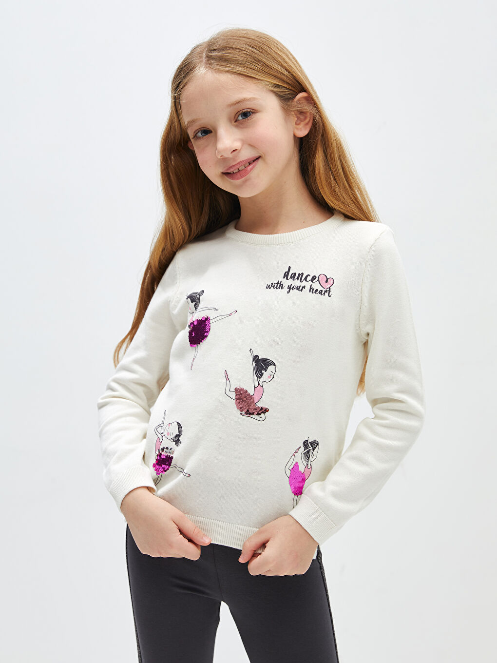 LCW Kids سترة تريكو مطبوع ياقة دائرية كم طويل بنات -W32660Z4-V9H
