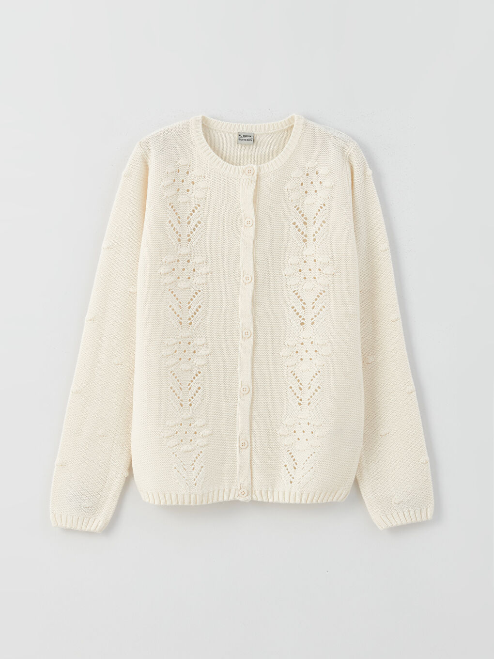 Crew Neck Self Patterned Long Sleeve Girl Tricot Cardigan