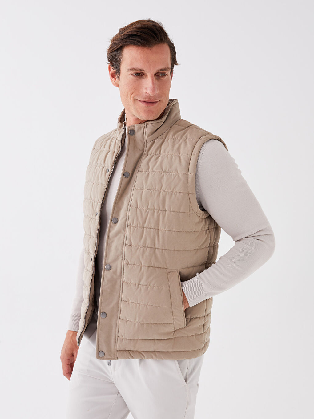 Bej Standart Kalıp Dik Yaka Erkek Şişme Yelek